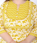 Plus Size Yellow Cotton Printed Kurta Pant Set with Dupatta-200056