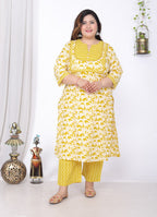 Plus Size Yellow Cotton Printed Kurta Pant Set with Dupatta-200056