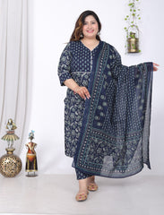 Plus Size Blue Cotton Printed Kurta Pant Set with Dupatta-200057
