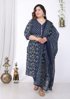 Plus Size Blue Cotton Printed Kurta Pant Set with Dupatta-200057