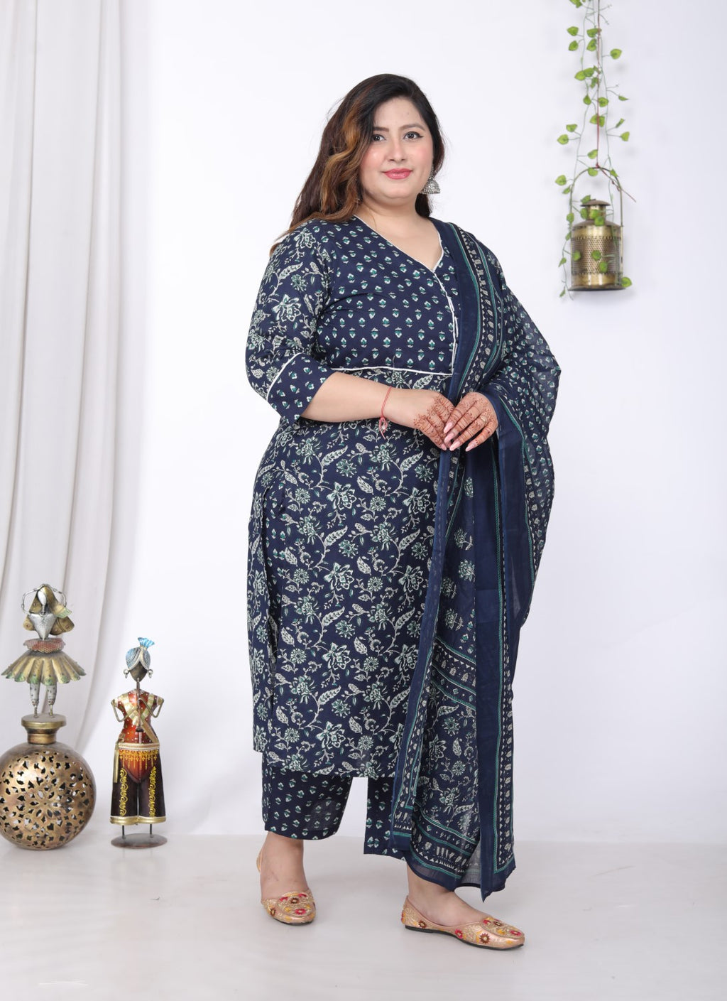 Plus Size Blue Cotton Printed Kurta Pant Set with Dupatta-200057