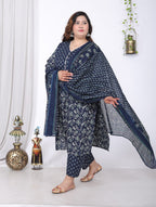 Plus Size Blue Cotton Printed Kurta Pant Set with Dupatta-200057