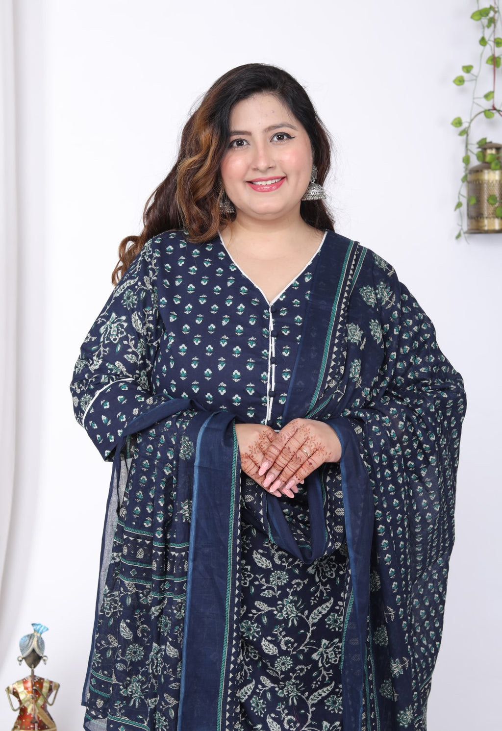 Plus Size Blue Cotton Printed Kurta Pant Set with Dupatta-200057