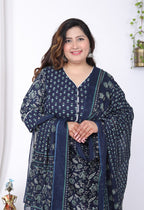Plus Size Blue Cotton Printed Kurta Pant Set with Dupatta-200057