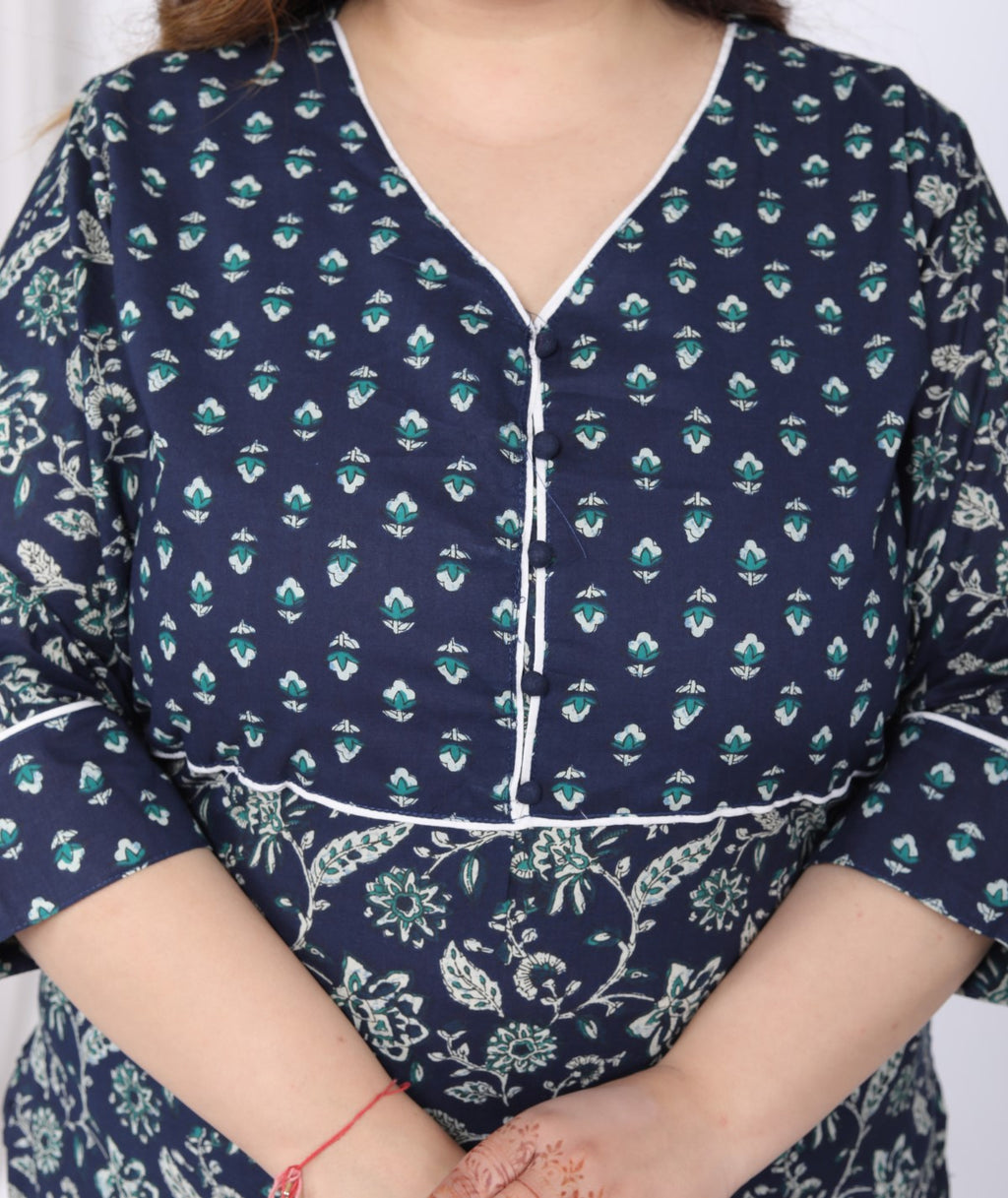 Plus Size Blue Cotton Printed Kurta Pant Set with Dupatta-200057