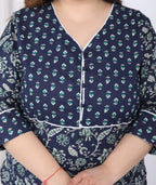 Plus Size Blue Cotton Printed Kurta Pant Set with Dupatta-200057