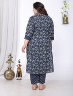 Plus Size Blue Cotton Printed Kurta Pant Set with Dupatta-200057