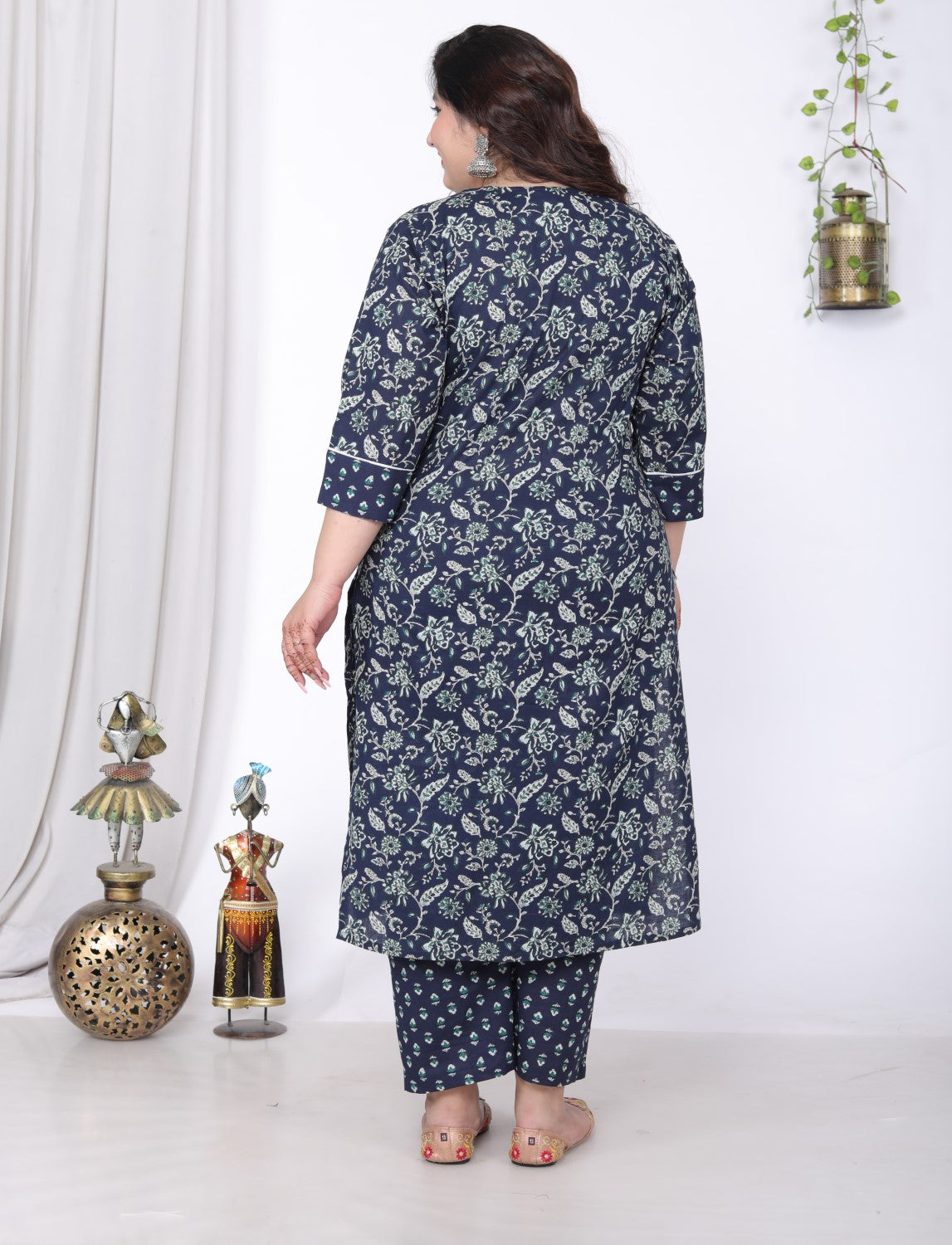 Plus Size Blue Cotton Printed Kurta Pant Set with Dupatta-200057