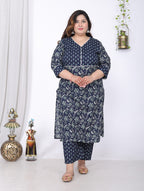 Plus Size Blue Cotton Printed Kurta Pant Set with Dupatta-200057