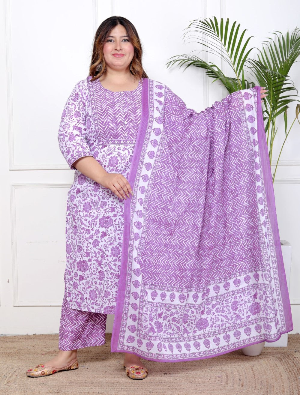 Plus Size Purple Cotton Printed Kurta Pant Set with Dupatta-200058 Main image