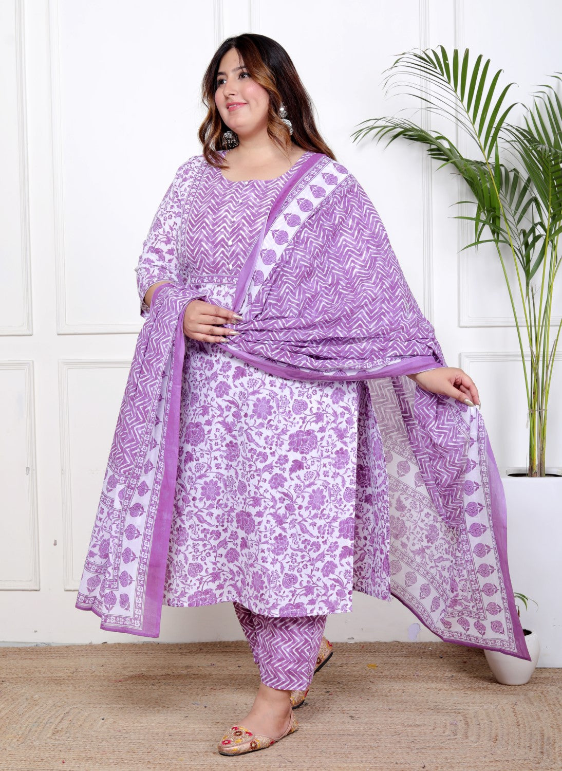 Plus Size Purple Cotton Printed Kurta Pant Set with Dupatta-200058
