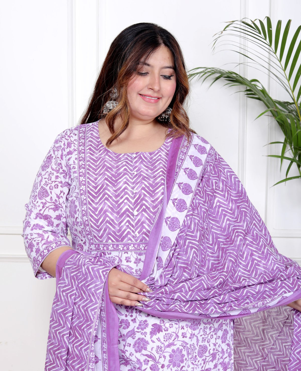 Plus Size Purple Cotton Printed Kurta Pant Set with Dupatta-200058