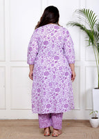Plus Size Purple Cotton Printed Kurta Pant Set with Dupatta-200058