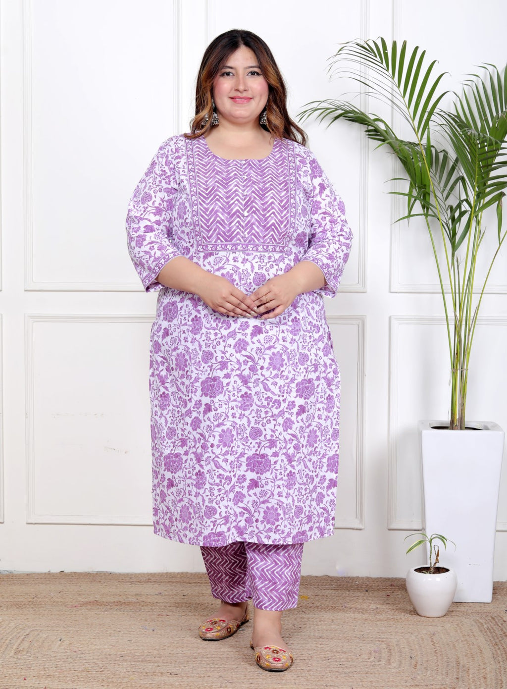 Plus Size Purple Cotton Printed Kurta Pant Set with Dupatta-200058