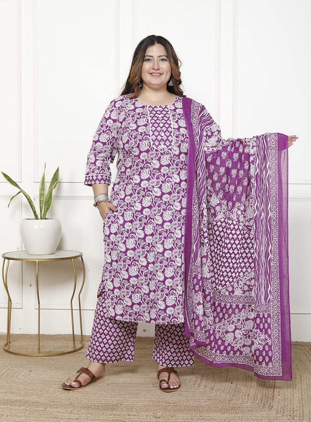 Plus Size Purple Cotton Printed Kurta Pant Set with Dupatta-200059