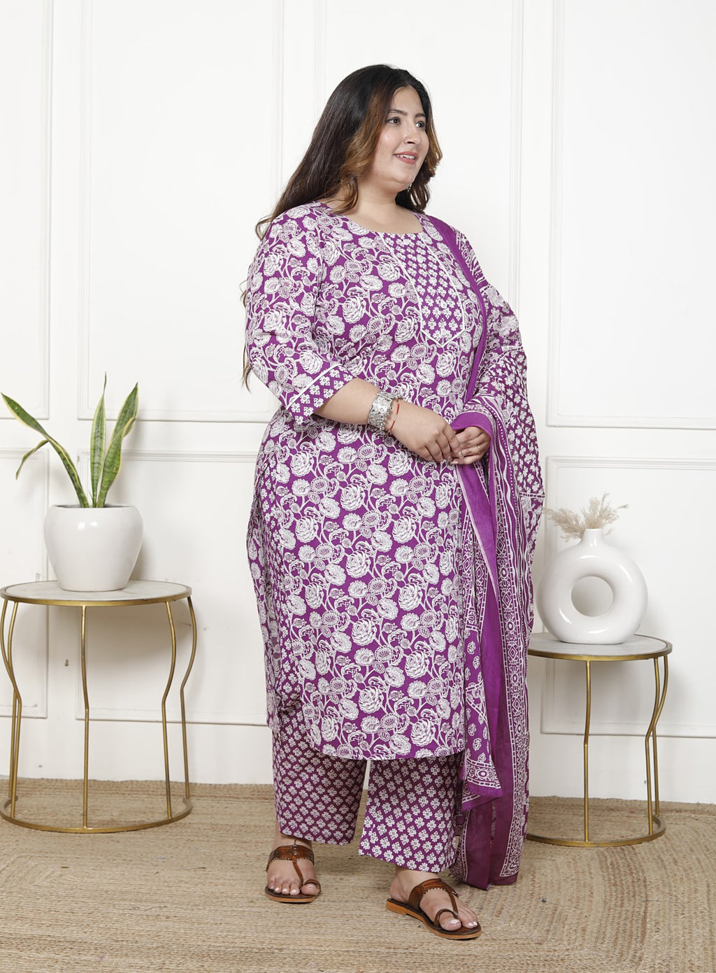Plus Size Purple Cotton Printed Kurta Pant Set with Dupatta-200059