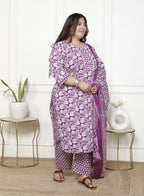 Plus Size Purple Cotton Printed Kurta Pant Set with Dupatta-200059