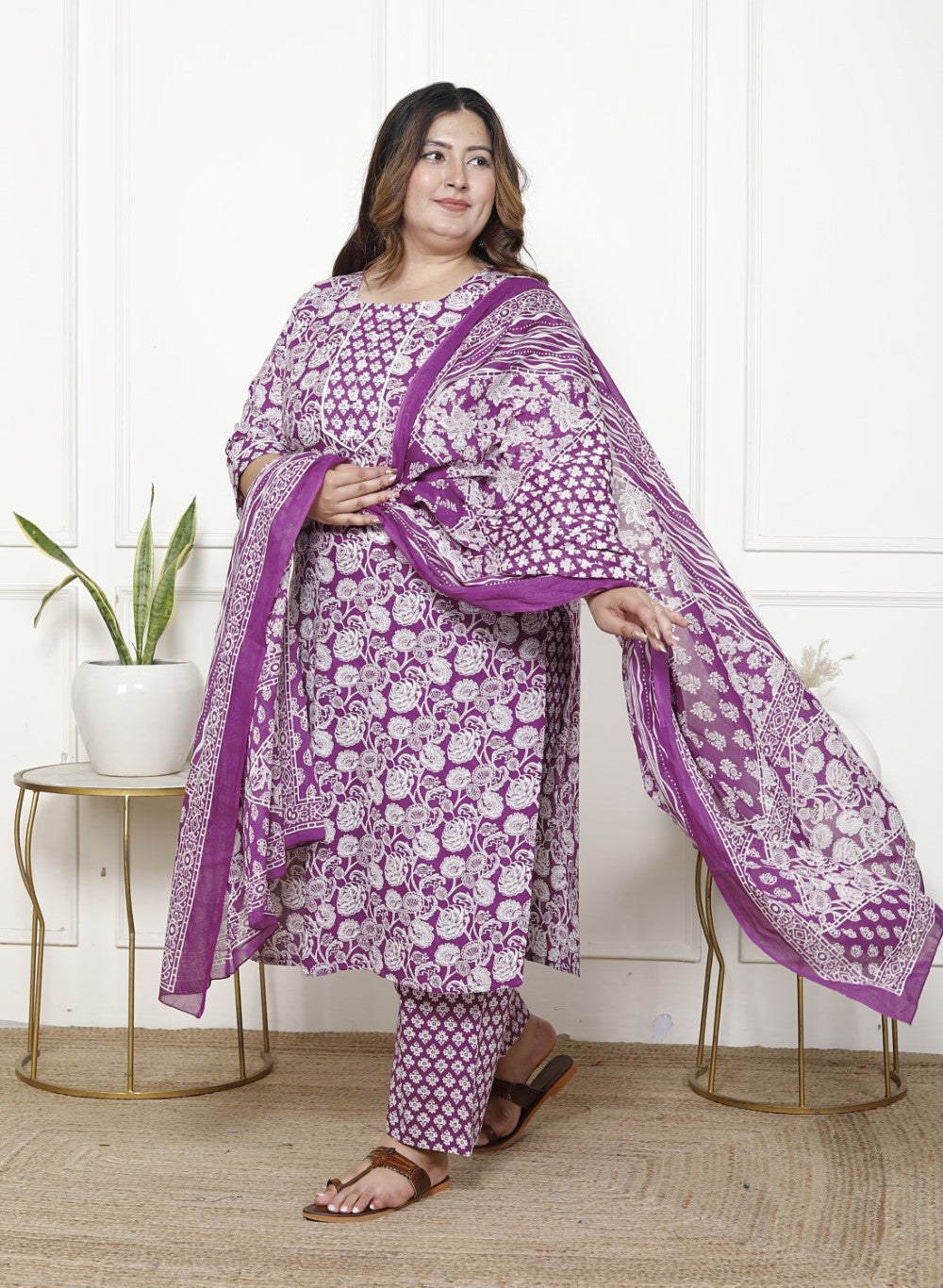 Plus Size Purple Cotton Printed Kurta Pant Set with Dupatta-200059