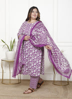 Plus Size Purple Cotton Printed Kurta Pant Set with Dupatta-200059