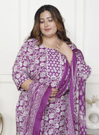 Plus Size Purple Cotton Printed Kurta Pant Set with Dupatta-200059
