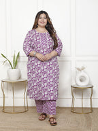 Plus Size Purple Cotton Printed Kurta Pant Set with Dupatta-200059