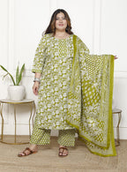 Plus Size Green Cotton Printed Kurta Pant Set with Dupatta-200060