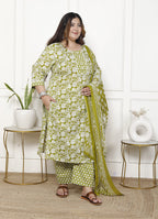 Plus Size Green Cotton Printed Kurta Pant Set with Dupatta-200060