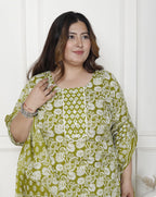 Plus Size Green Cotton Printed Kurta Pant Set with Dupatta-200060
