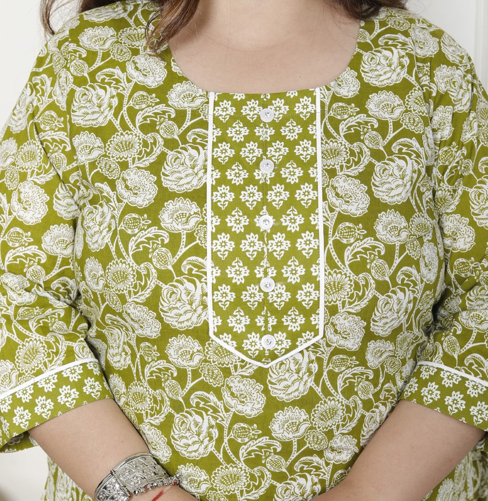 Plus Size Green Cotton Printed Kurta Pant Set with Dupatta-200060