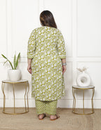 Plus Size Green Cotton Printed Kurta Pant Set with Dupatta-200060