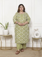 Plus Size Green Cotton Printed Kurta Pant Set with Dupatta-200060