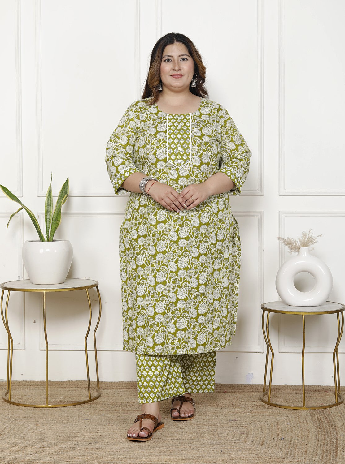 Plus Size Green Cotton Printed Kurta Pant Set with Dupatta-200060