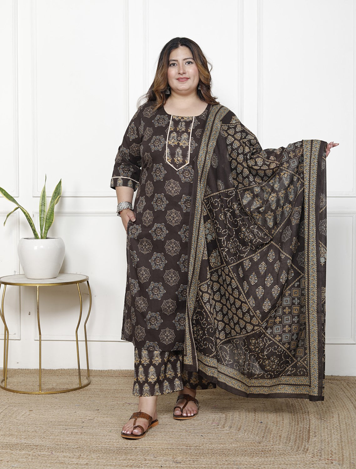 Plus Size Brown Cotton Printed Kurta Pant Set with Dupatta-200061 Main image