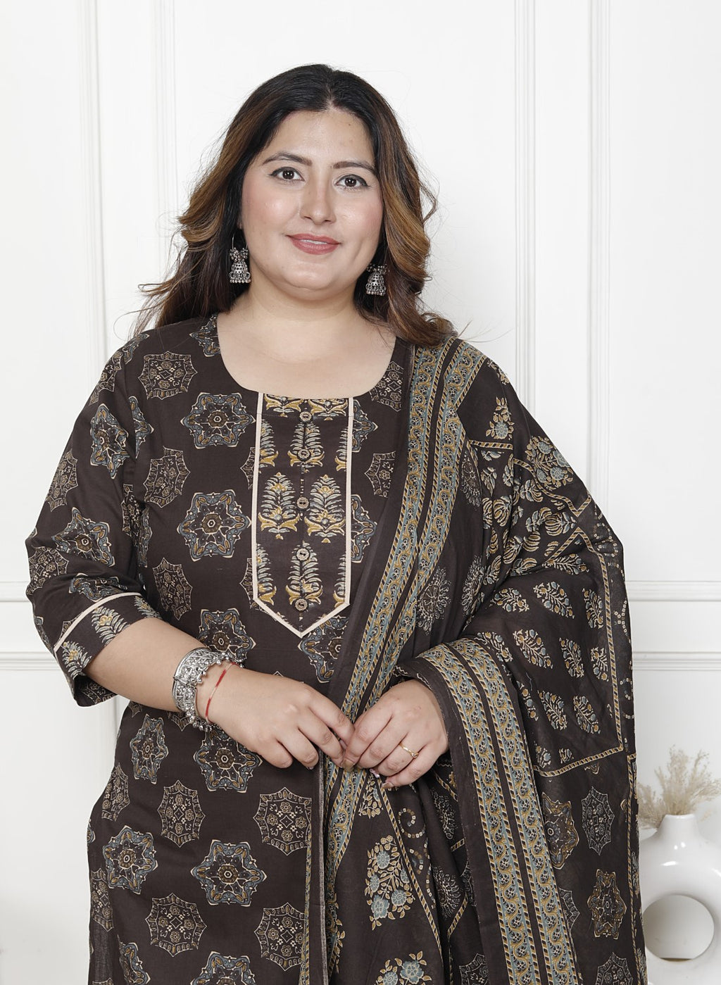 Plus Size Brown Cotton Printed Kurta Pant Set with Dupatta-200061