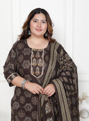 Plus Size Brown Cotton Printed Kurta Pant Set with Dupatta-200061