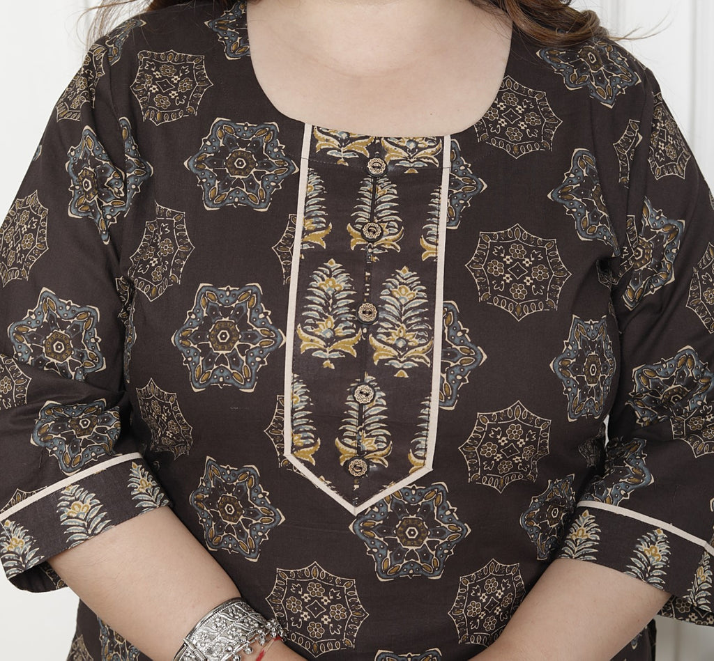 Plus Size Brown Cotton Printed Kurta Pant Set with Dupatta-200061