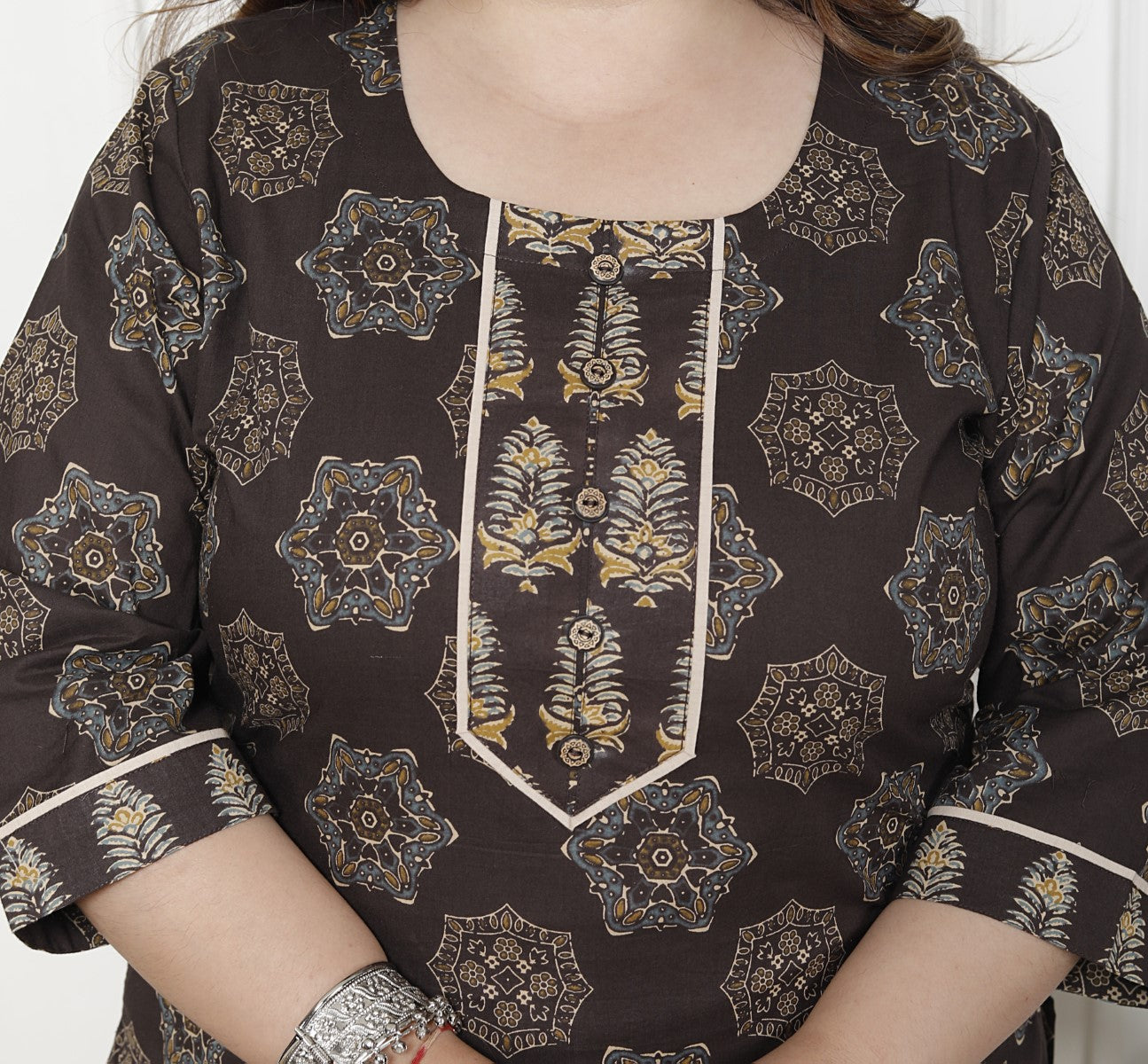 Plus Size Brown Cotton Printed Kurta Pant Set with Dupatta-200061