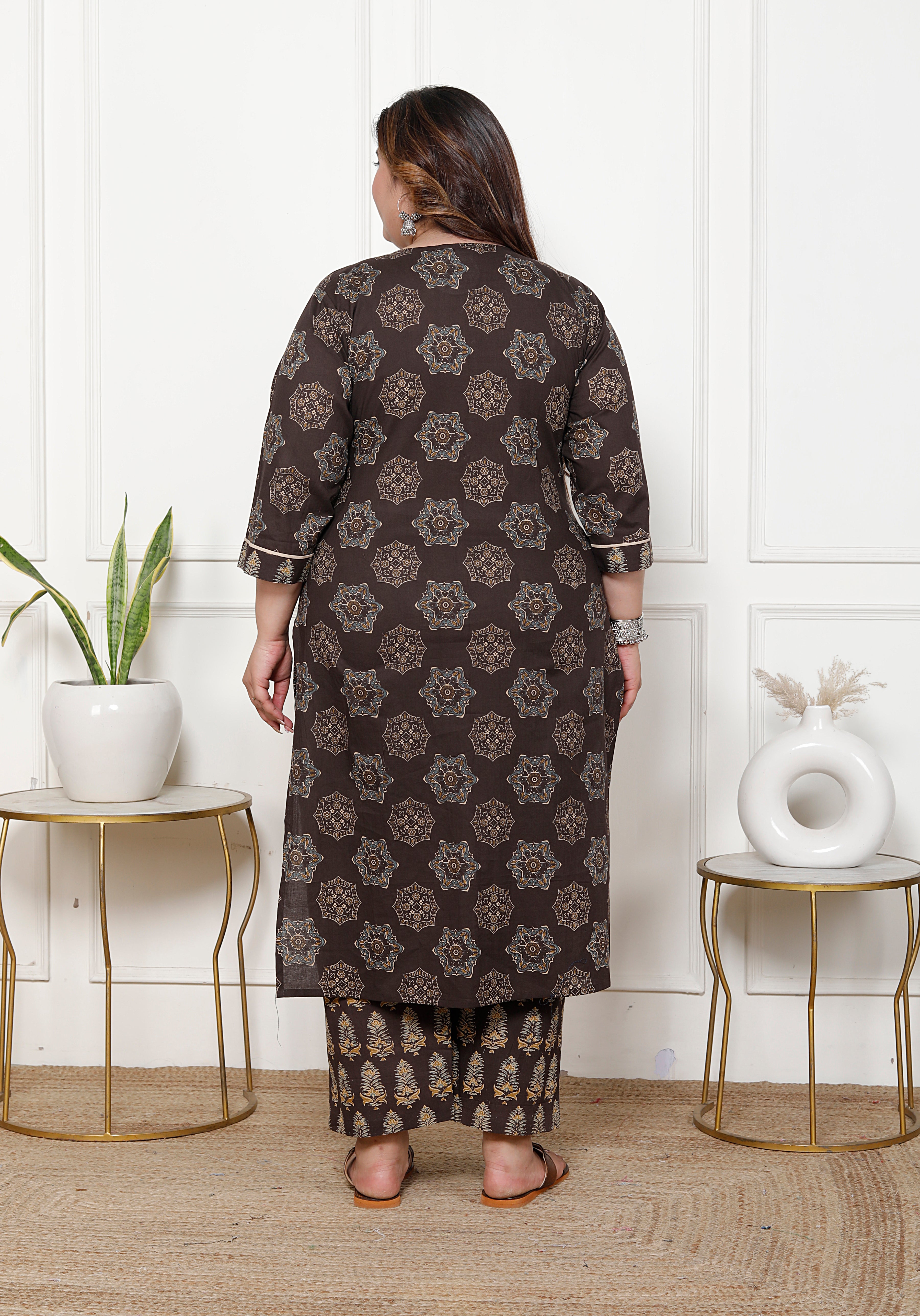 Plus Size Brown Cotton Printed Kurta Pant Set with Dupatta-200061