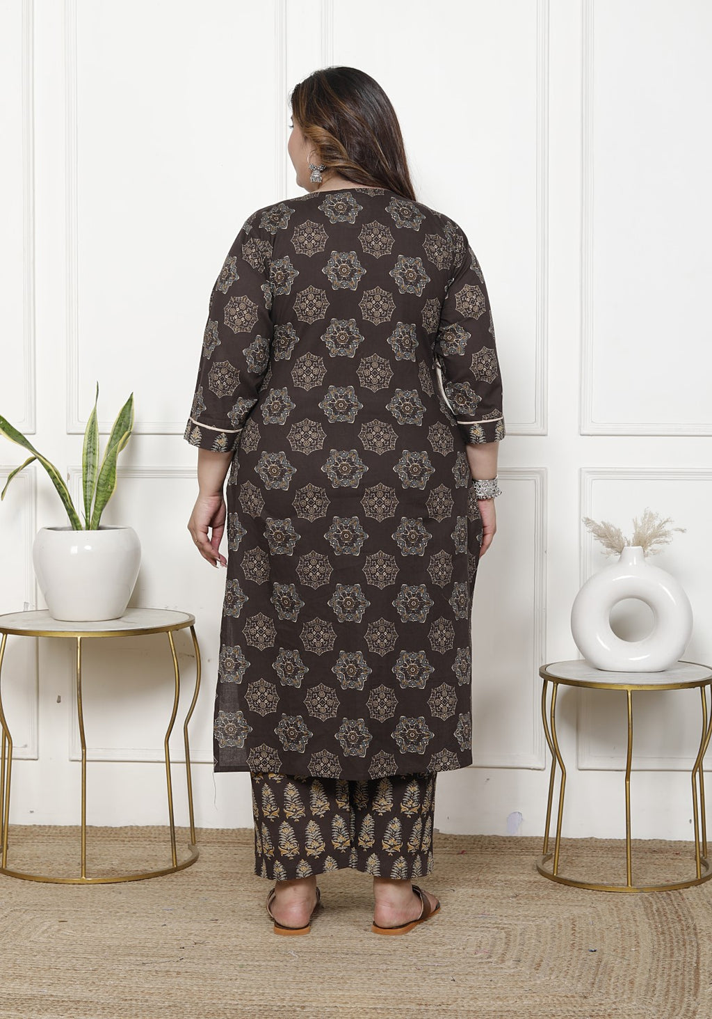 Plus Size Brown Cotton Printed Kurta Pant Set with Dupatta-200061
