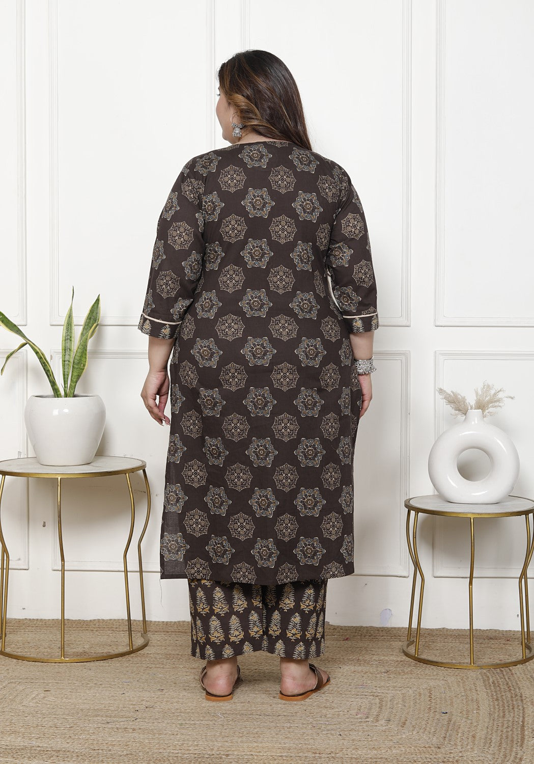 Plus Size Brown Cotton Printed Kurta Pant Set with Dupatta-200061