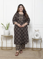 Plus Size Brown Cotton Printed Kurta Pant Set with Dupatta-200061