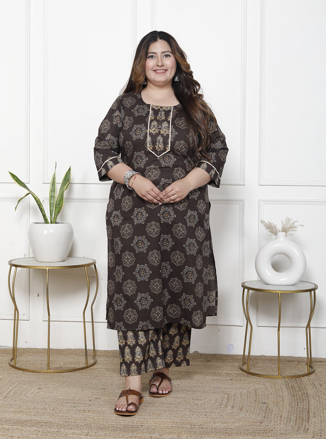 Plus Size Brown Cotton Printed Kurta Pant Set with Dupatta-200061