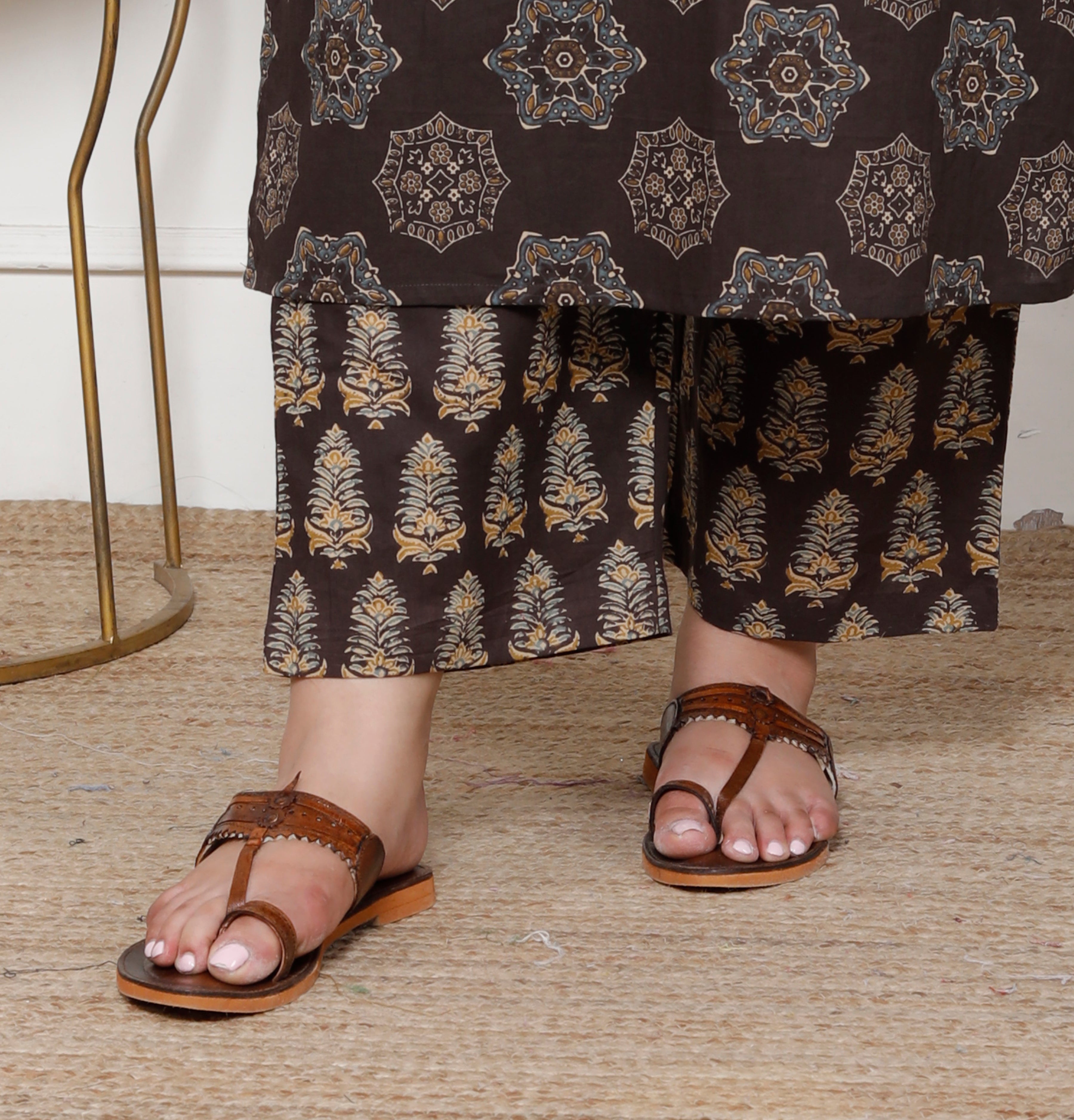 Plus Size Brown Cotton Printed Kurta Pant Set with Dupatta-200061
