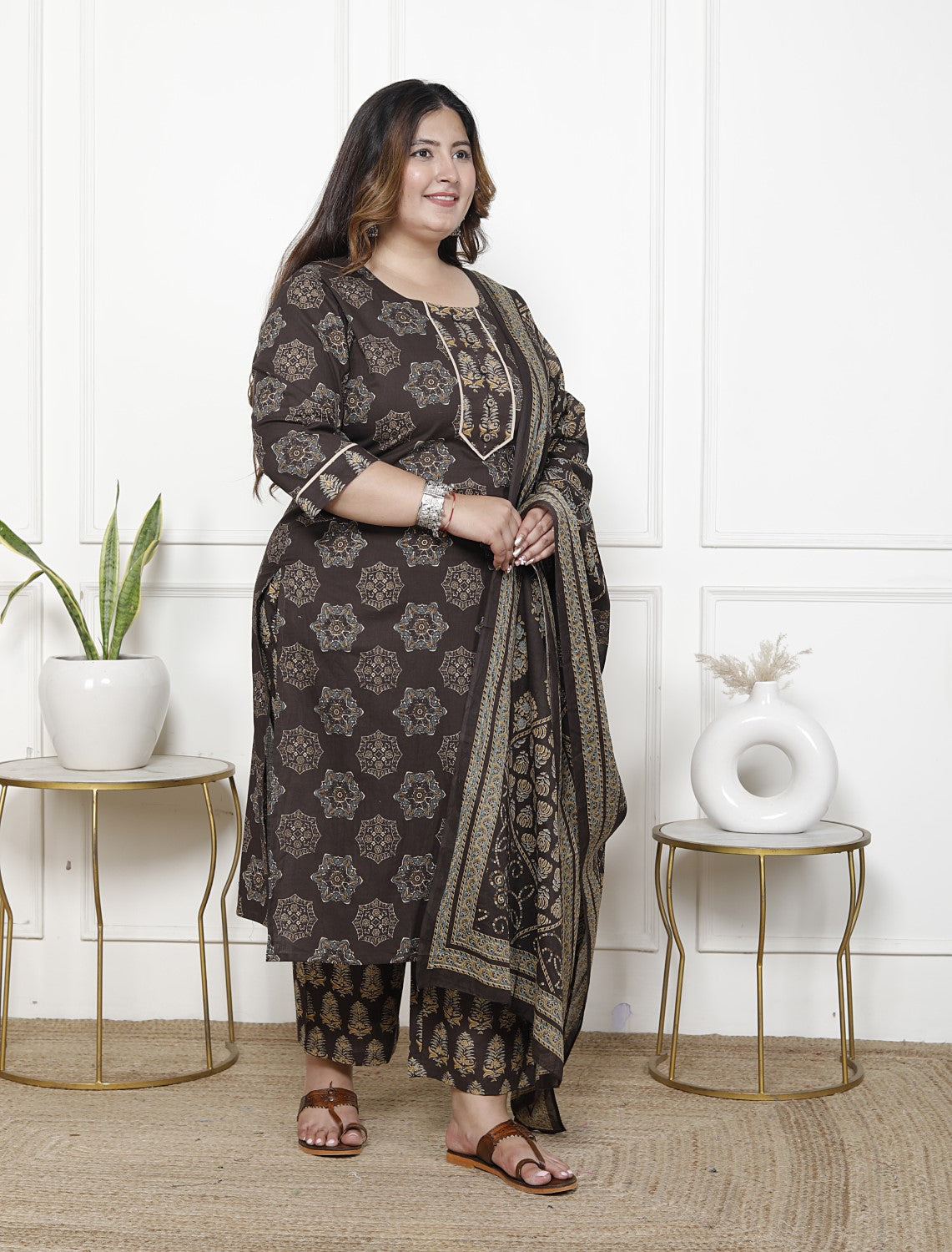 Plus Size Brown Cotton Printed Kurta Pant Set with Dupatta-200061