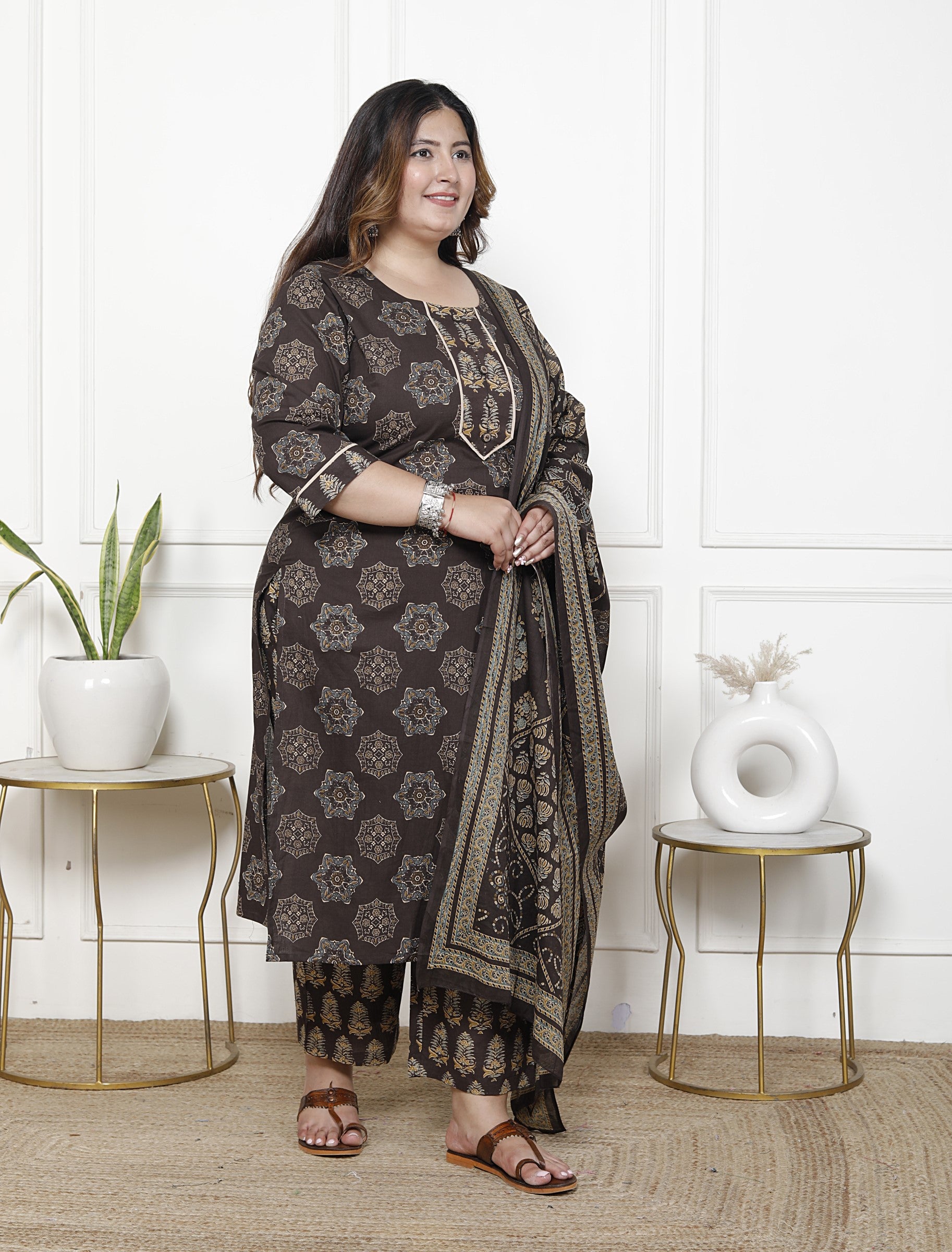 Plus Size Brown Cotton Printed Kurta Pant Set with Dupatta-200061