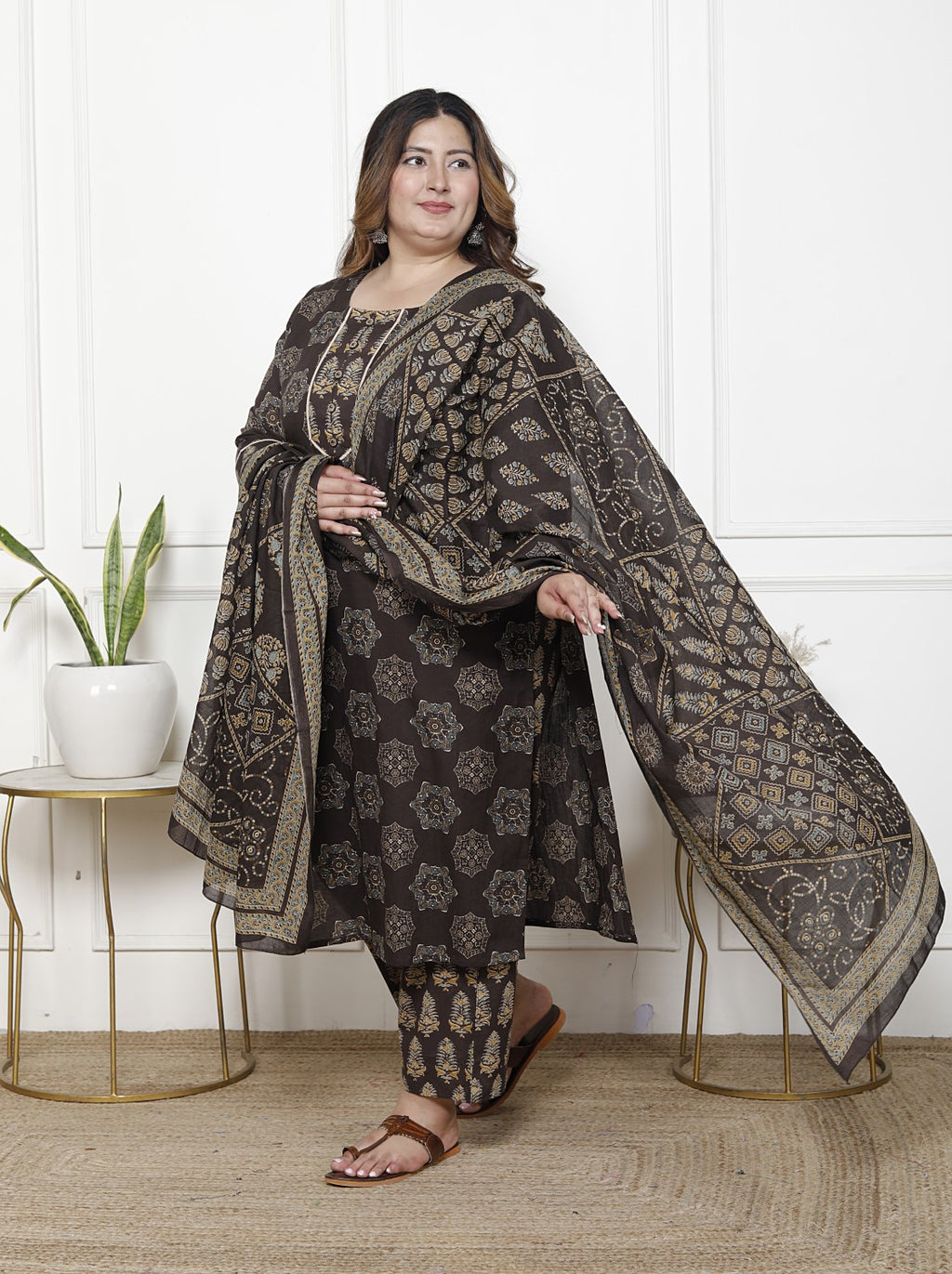 Plus Size Brown Cotton Printed Kurta Pant Set with Dupatta-200061