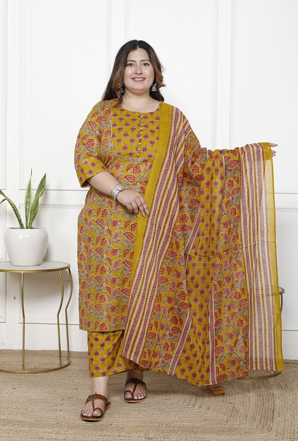 Plus Size Mustard Cotton Printed Kurta Pant Set with Dupatta-200062 Main image