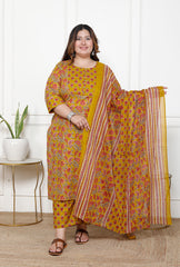 Plus Size Mustard Cotton Printed Kurta Pant Set with Dupatta-200062