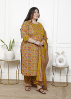 Plus Size Mustard Cotton Printed Kurta Pant Set with Dupatta-200062