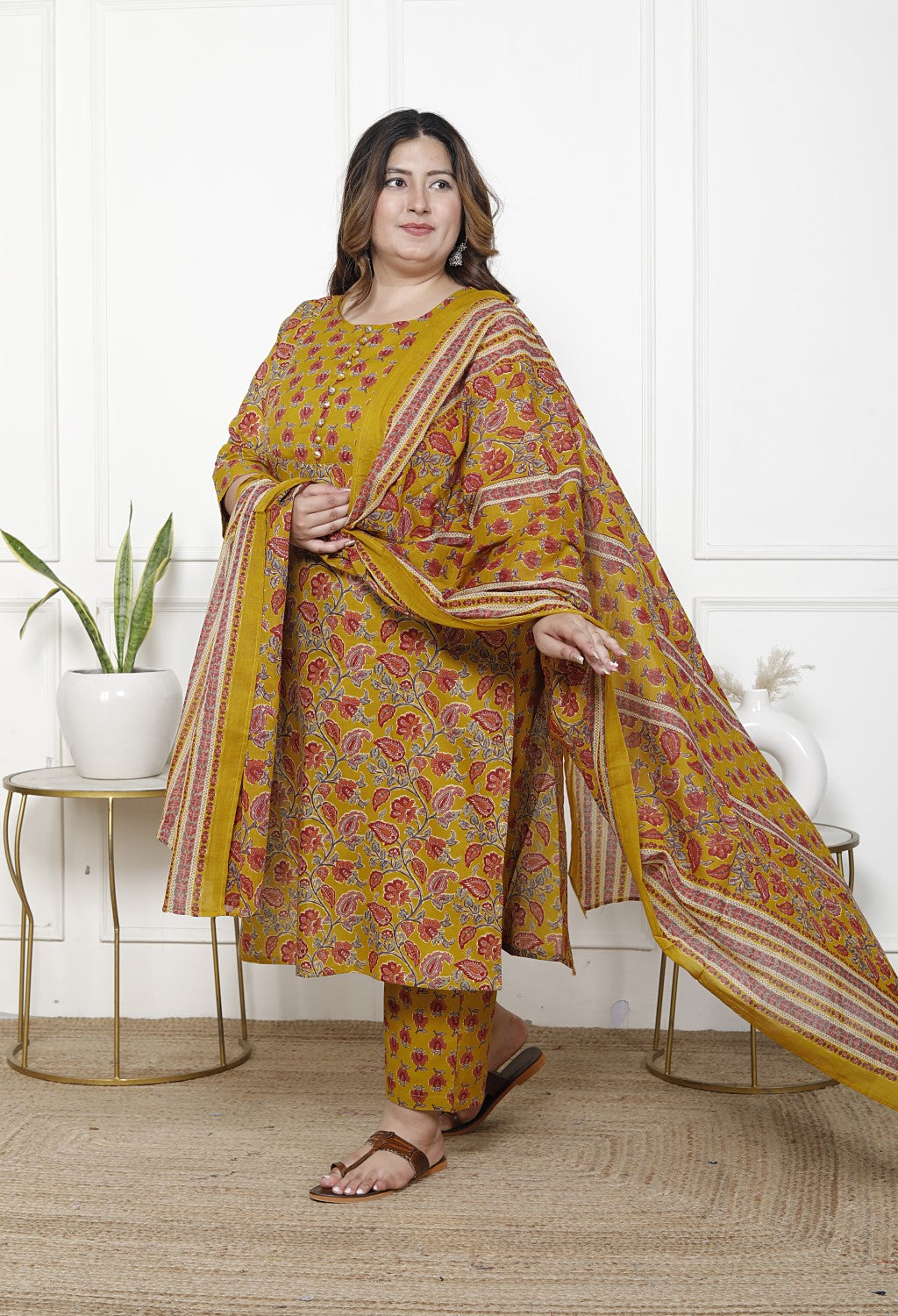 Plus Size Mustard Cotton Printed Kurta Pant Set with Dupatta-200062